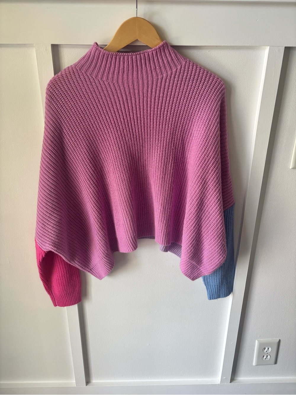 Pink Lily Pink Colorblock Mock Neck Sweater with Blue and Hot Pink Sleeves